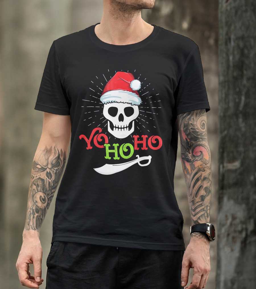 Yo Ho Ho Skull Santa Hat Pirate Sword T-Shirt