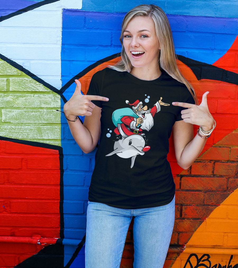 Christmas In July Santa Riding A Rudolph-Nosed Dolphin T-Shirt