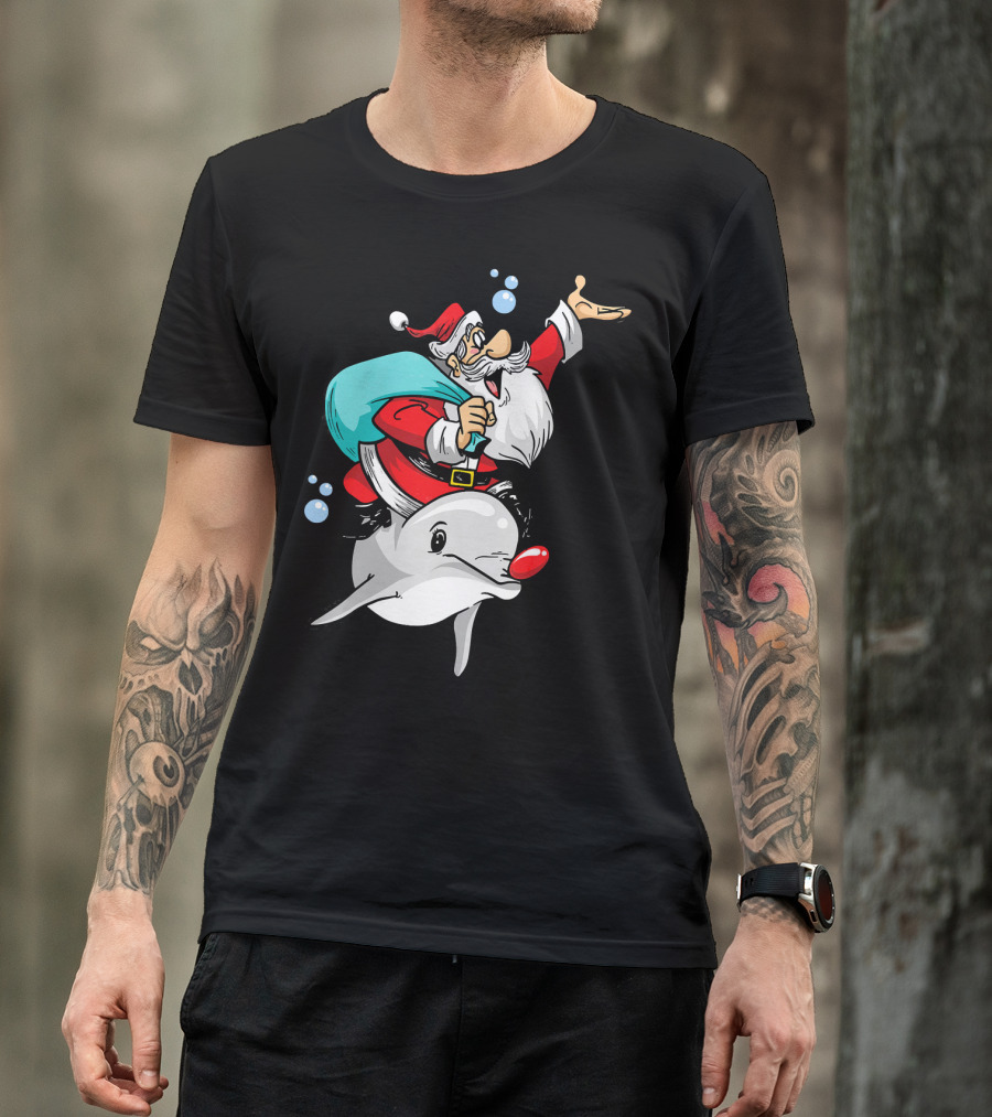 Christmas In July Santa Riding A Rudolph-Nosed Dolphin T-Shirt