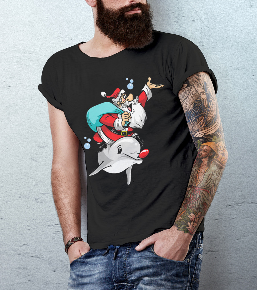 Christmas In July Santa Riding A Rudolph-Nosed Dolphin T-Shirt