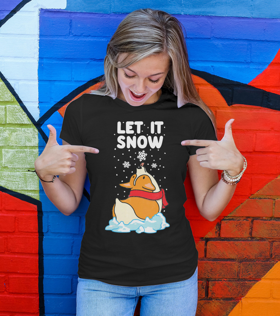 Let It Snow Corgi With Red Scarf In Snowfall T-Shirt