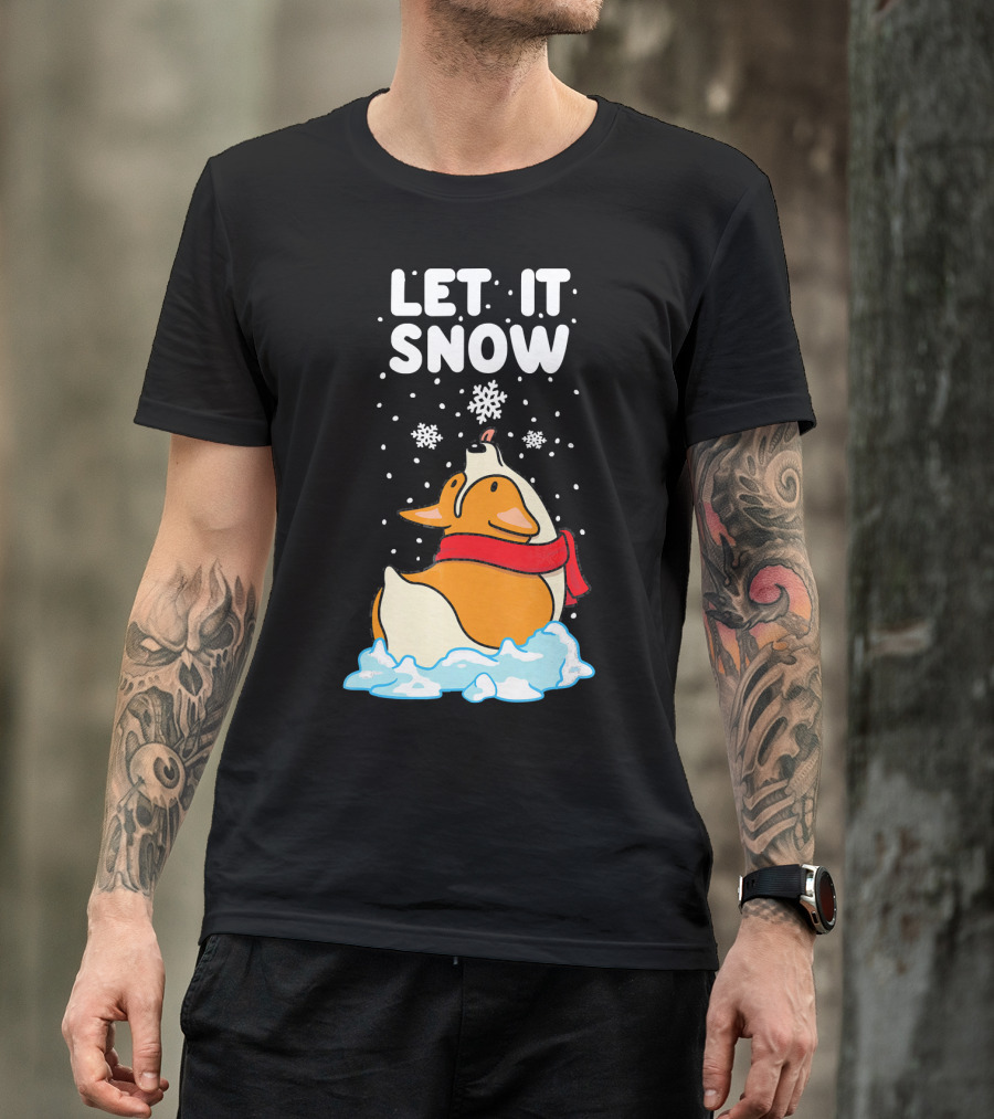 Let It Snow Corgi With Red Scarf In Snowfall T-Shirt