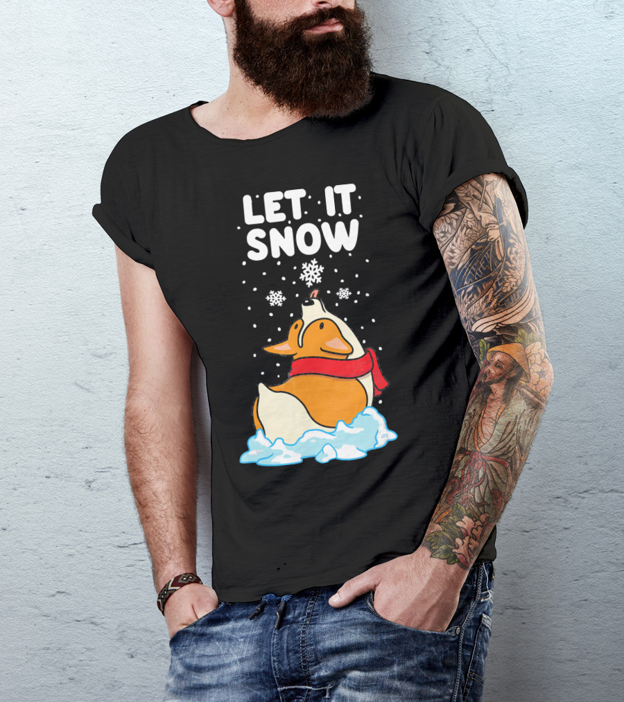 Let It Snow Corgi With Red Scarf In Snowfall T-Shirt