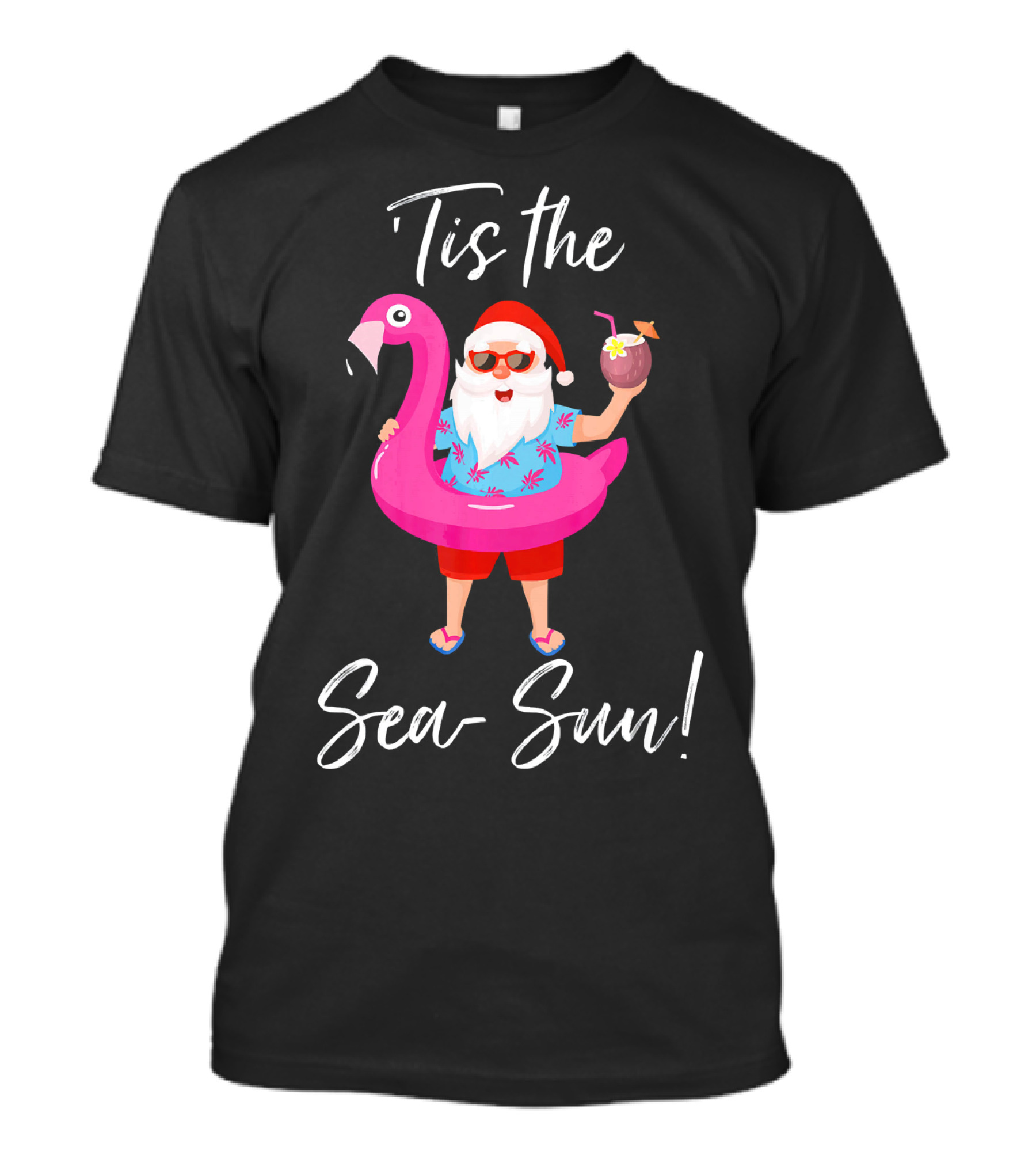 Tis The Sea-Sun Santa Claus Flamingo Float T-Shirt