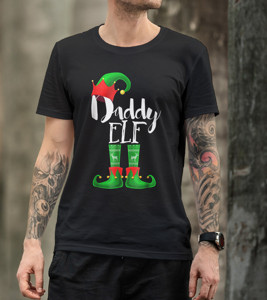 Daddy Elf Christmas Hat And Boots With Festive Green Socks T-Shirt