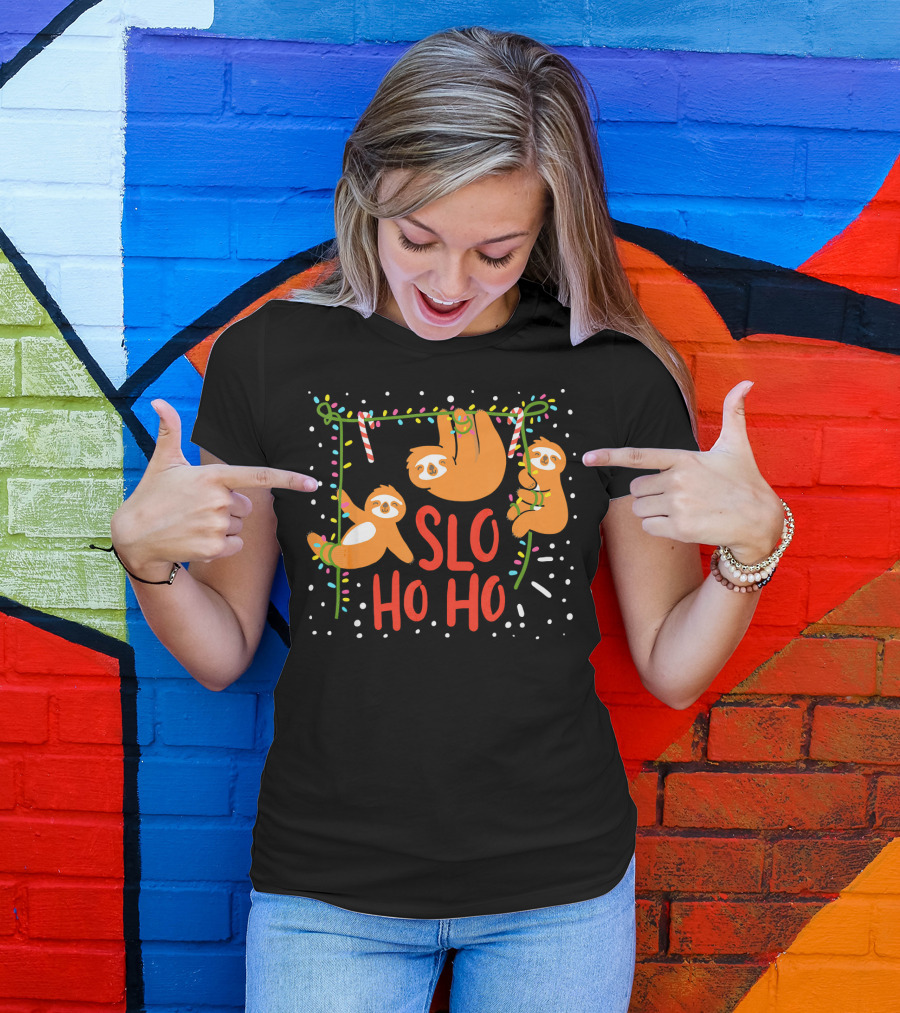 Slo Ho Ho Ho Christmas Sloth Hanging With Candy Cane And Lights T-Shirt