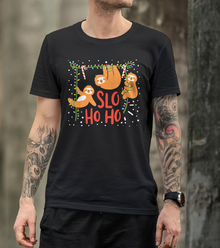 Slo Ho Ho Ho Christmas Sloth Hanging With Candy Cane And Lights T-Shirt
