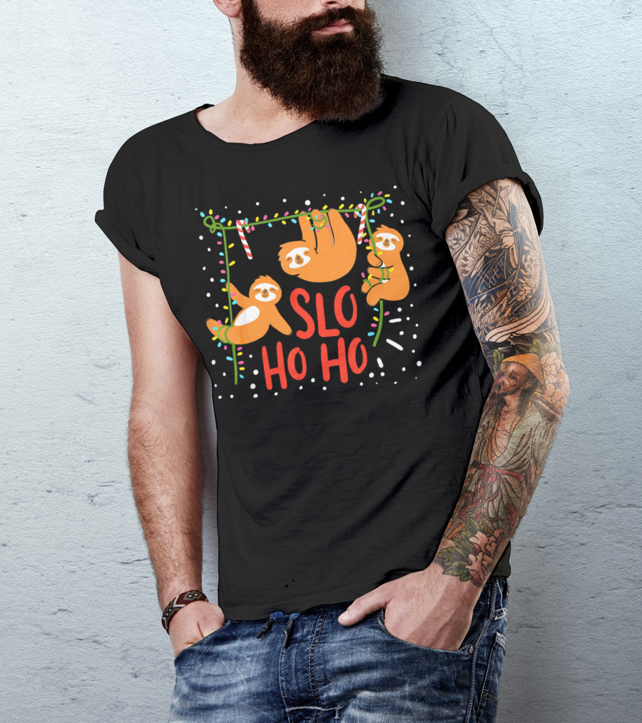 Slo Ho Ho Ho Christmas Sloth Hanging With Candy Cane And Lights T-Shirt