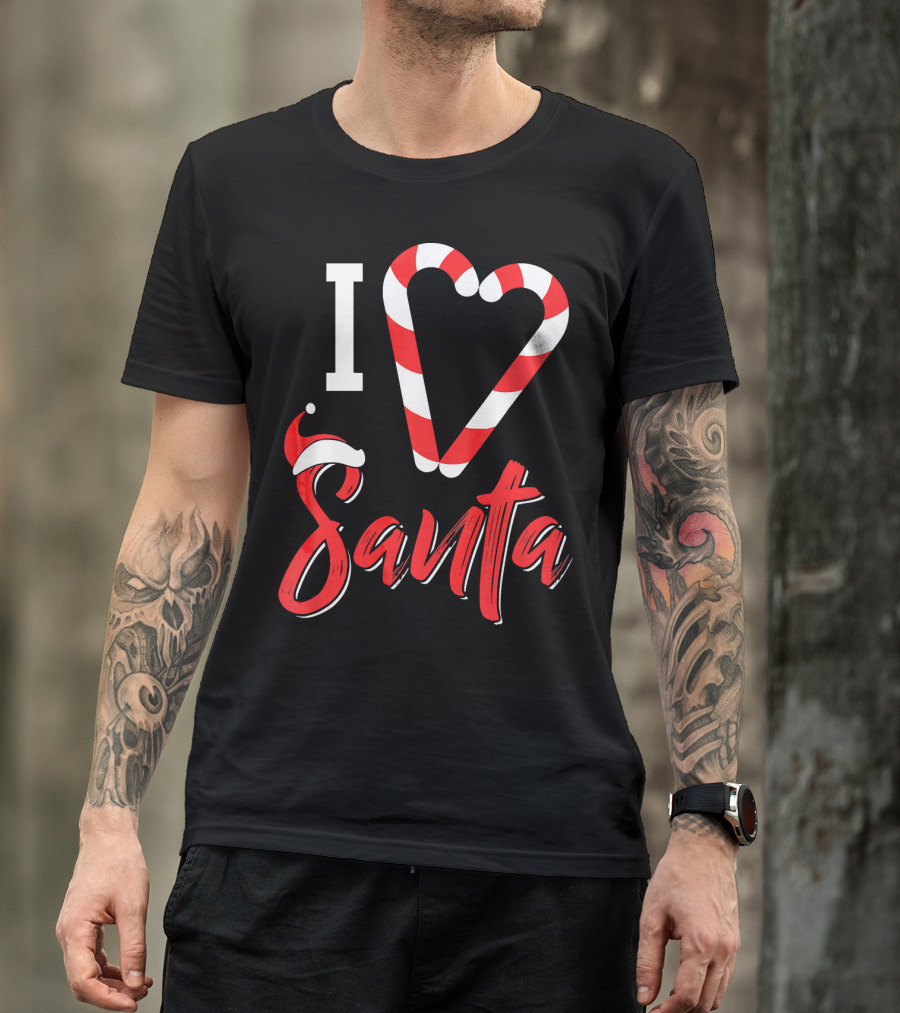 Christmas I Love Santa Candy Cane Heart With Santa Hat T-Shirt