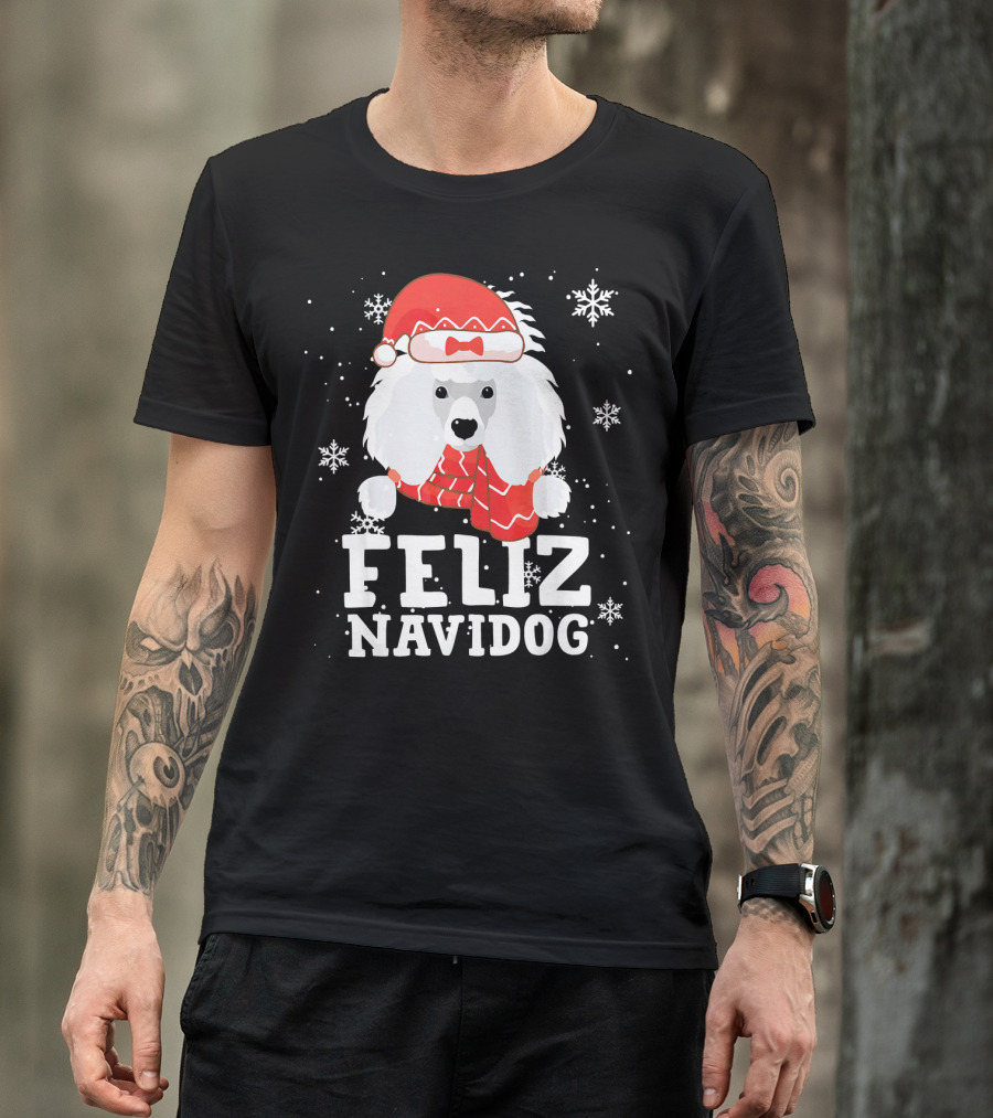 Feliz Navidog Poodle Dog Snowflakes Santa Hat Red Scarf T-Shirt