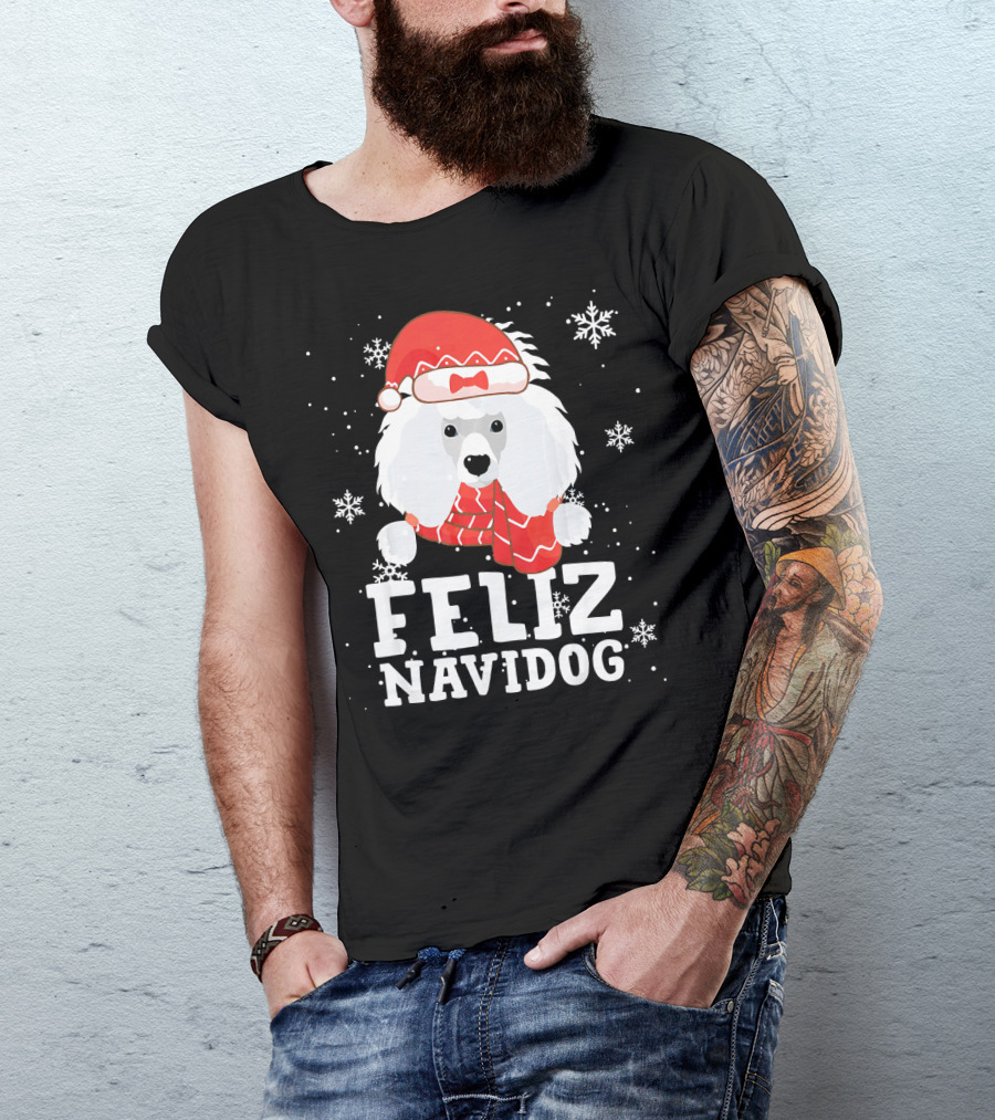 Feliz Navidog Poodle Dog Snowflakes Santa Hat Red Scarf T-Shirt