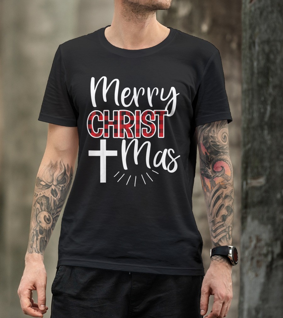 Merry CHRISTmas Cross Buffalo Plaid Christian T-Shirt