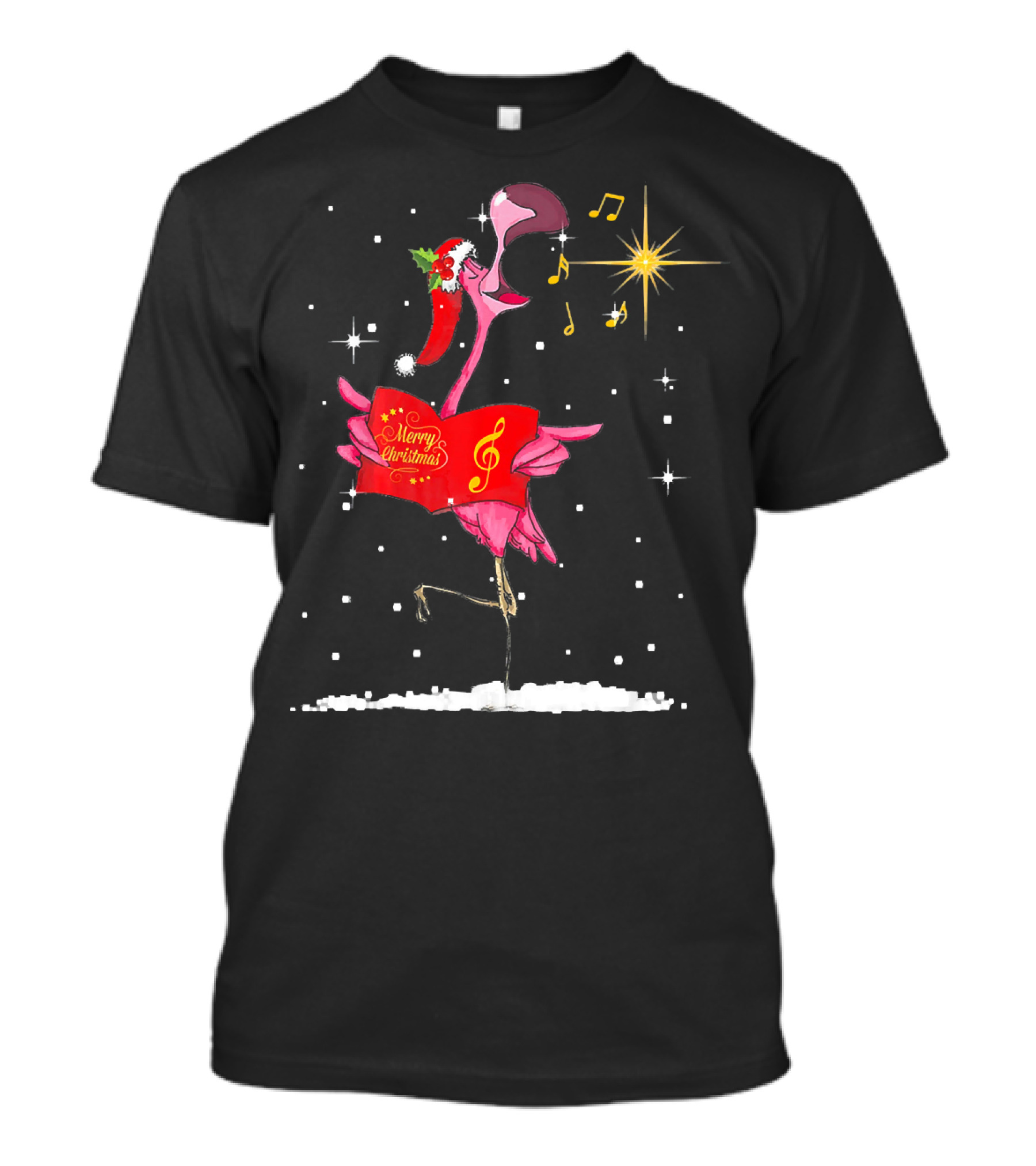 Funny Flamingo Sings Merry Christmas Song With Musical Notes And Santa Hat T-Shirt