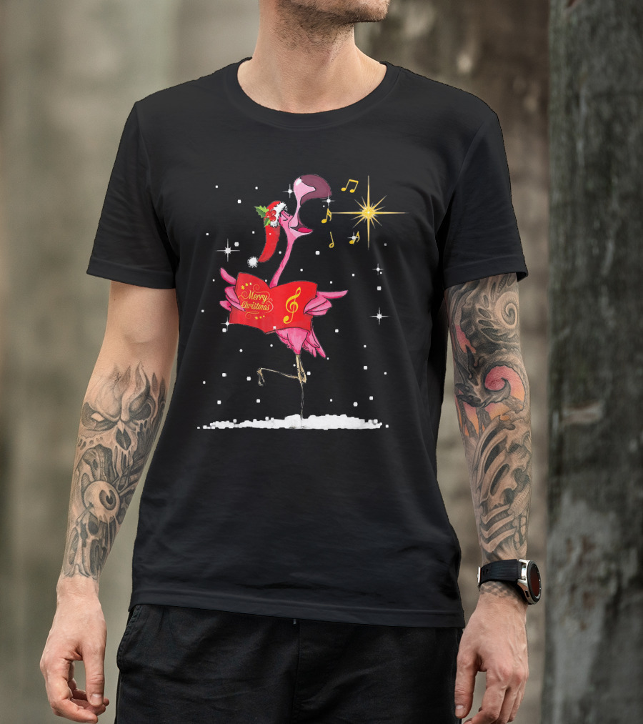 Funny Flamingo Sings Merry Christmas Song With Musical Notes And Santa Hat T-Shirt