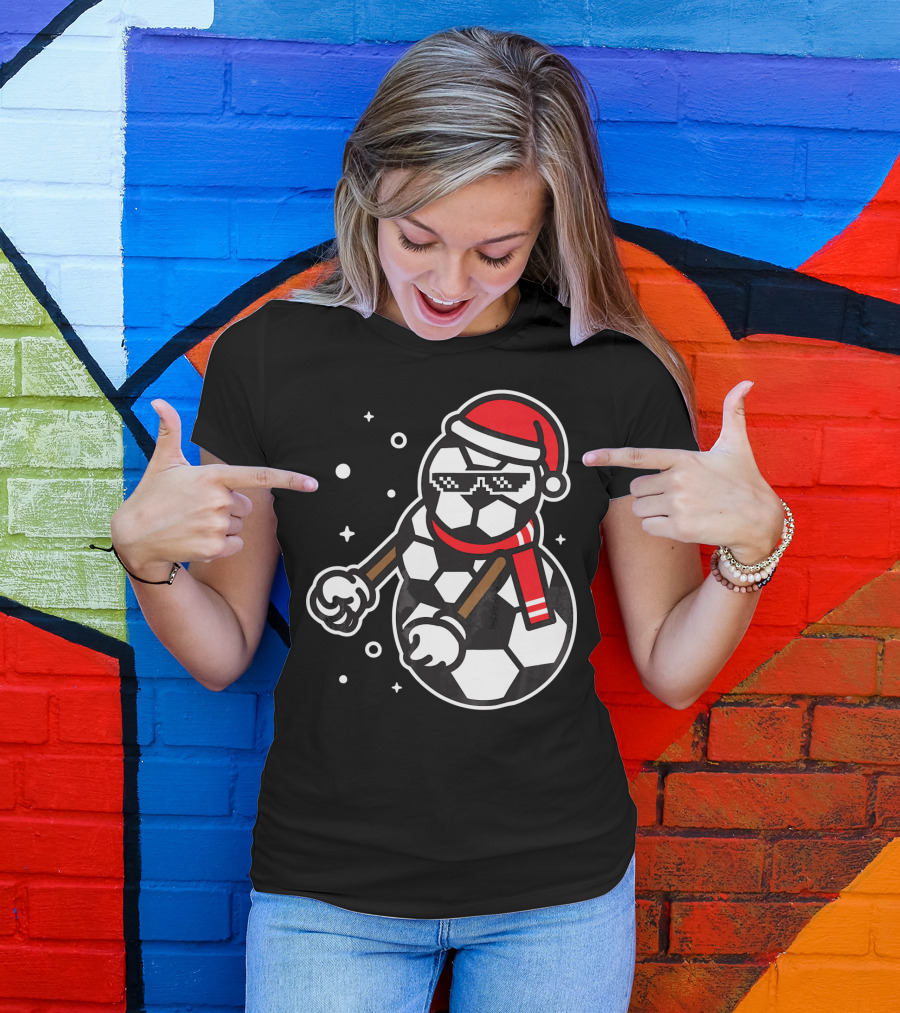 Soccer Player Snowman Funny Boy Girl Christmas Cool Santa Hat Pixel Glasses T-Shirt