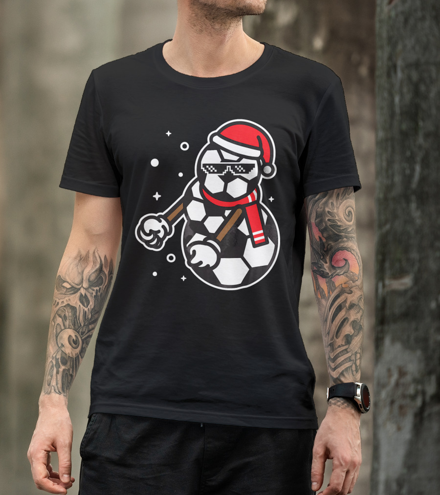 Soccer Player Snowman Funny Boy Girl Christmas Cool Santa Hat Pixel Glasses T-Shirt