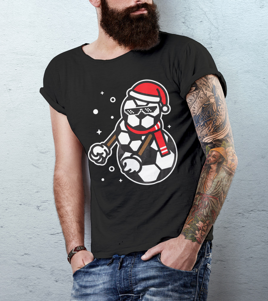 Soccer Player Snowman Funny Boy Girl Christmas Cool Santa Hat Pixel Glasses T-Shirt