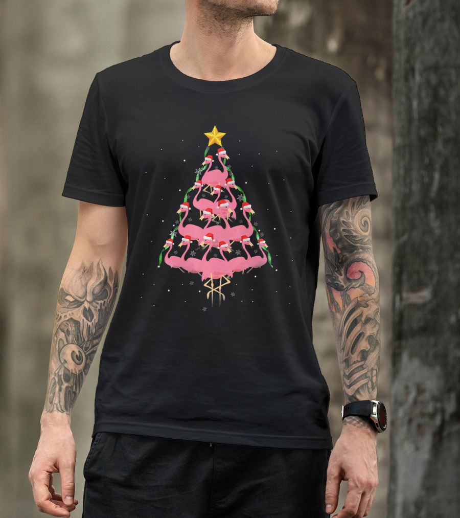 Funny Pink Flamingo Christmas Tree With Santa Hats And Star Topper T-Shirt
