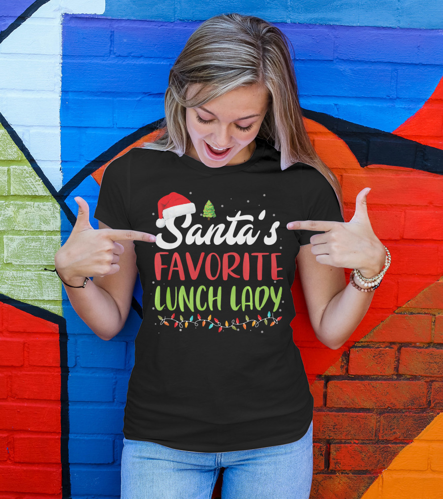 Santa's Favorite Lunch Lady Christmas Lights Santa Hat Tree T-Shirt