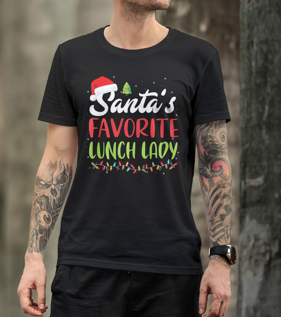 Santa's Favorite Lunch Lady Christmas Lights Santa Hat Tree T-Shirt