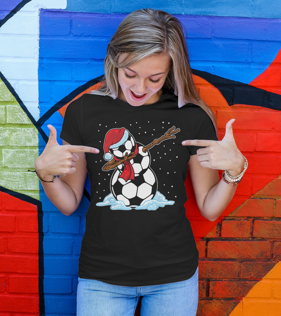 Santa Hat Soccer Ball Snowman With Red Scarf Dabbing In Snowflakes T-Shirt