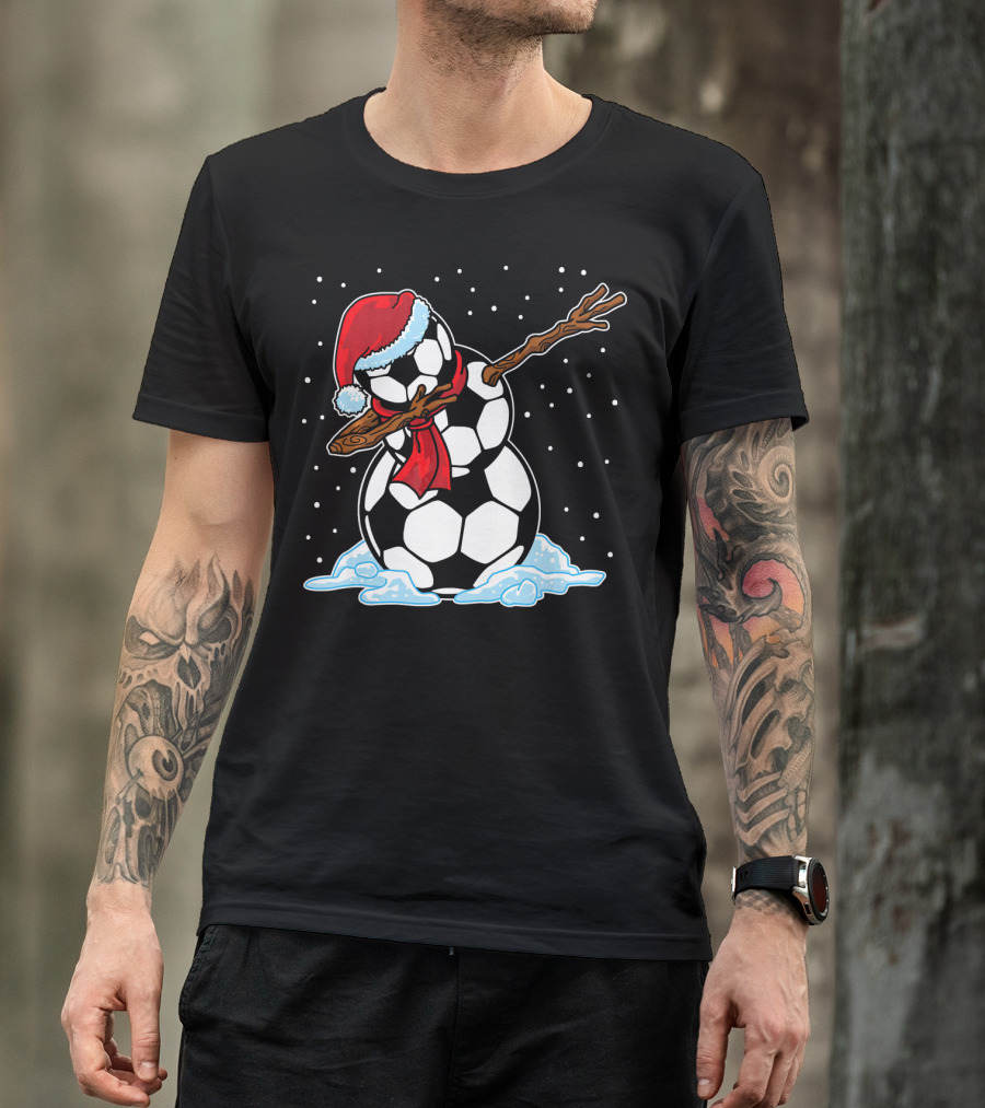Santa Hat Soccer Ball Snowman With Red Scarf Dabbing In Snowflakes T-Shirt