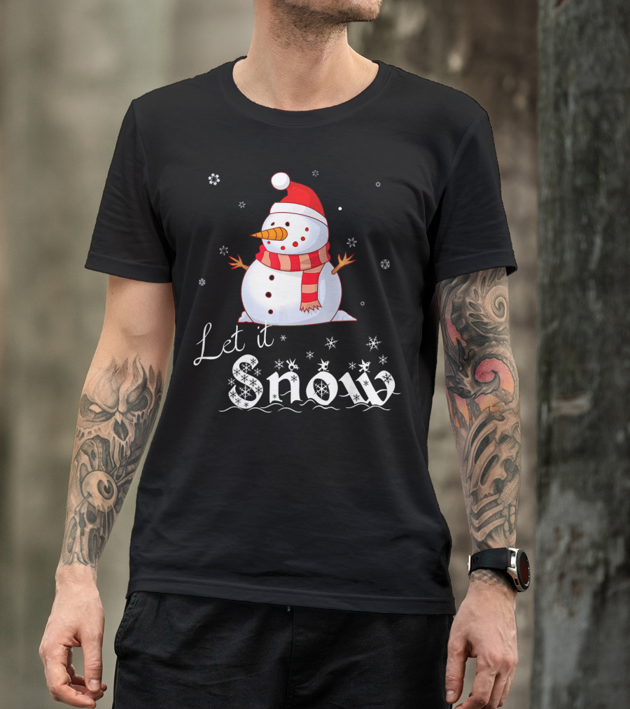 Let It Snow Cute Snowman In Santa Hat And Scarf With Snowflakes T-Shirt