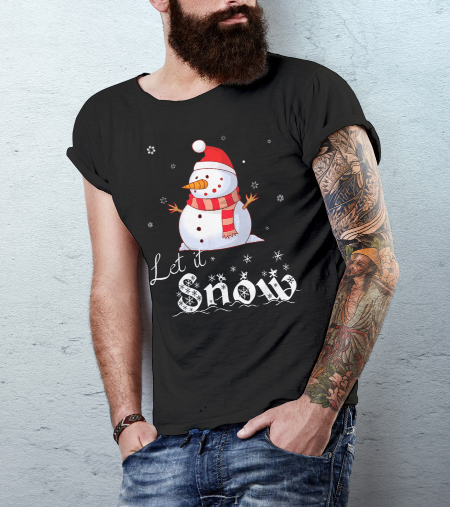 Let It Snow Cute Snowman In Santa Hat And Scarf With Snowflakes T-Shirt