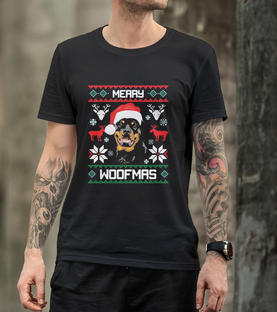 Rottweiler Merry Woofmas Santa Hat Reindeer Ugly Christmas T-Shirt