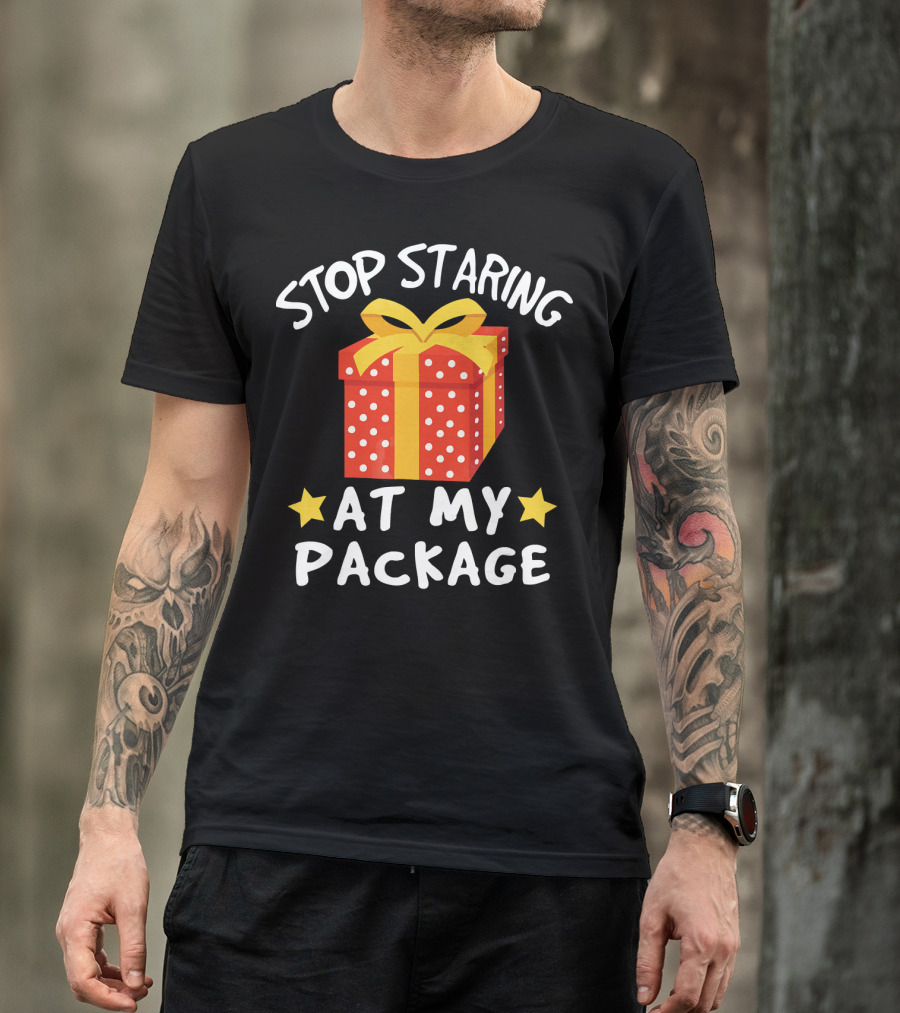 Stop Staring At My Package Funny Christmas Adult Humor Pun T-Shirt