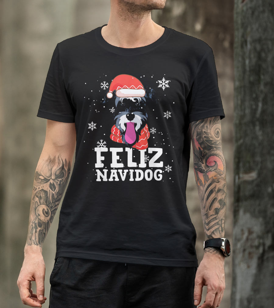 Feliz Navidog Miniature Schnauzer Dog Santa Hat Snowflakes T-Shirt