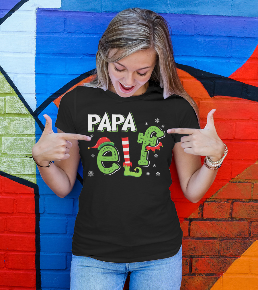 PAPA ELF Christmas Hat Stripes And Snowflakes T-Shirt