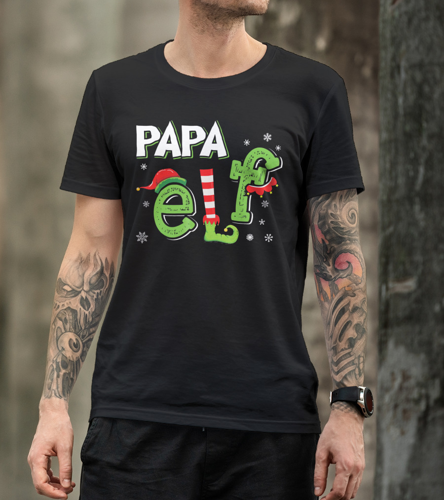 PAPA ELF Christmas Hat Stripes And Snowflakes T-Shirt