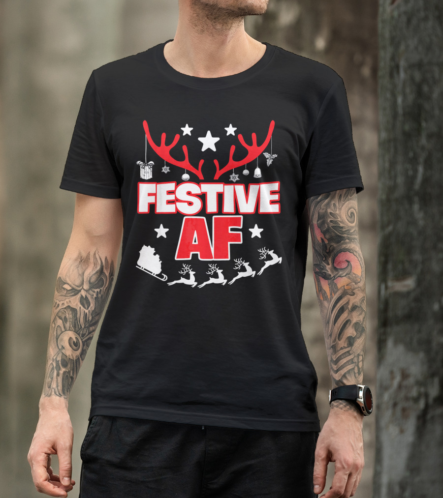 Festive AF Antlers Reindeer Stars Christmas Sled T-Shirt