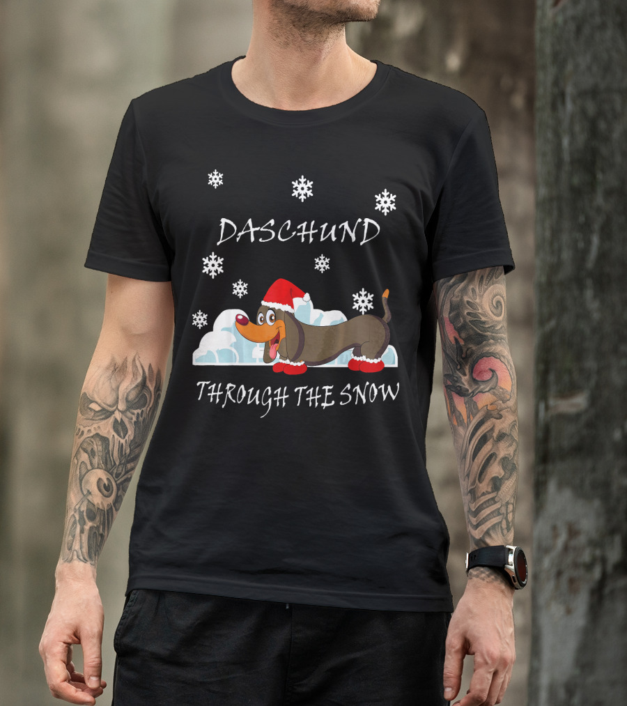 Daschund Through The Snow Santa Hat Snowflakes T-Shirt