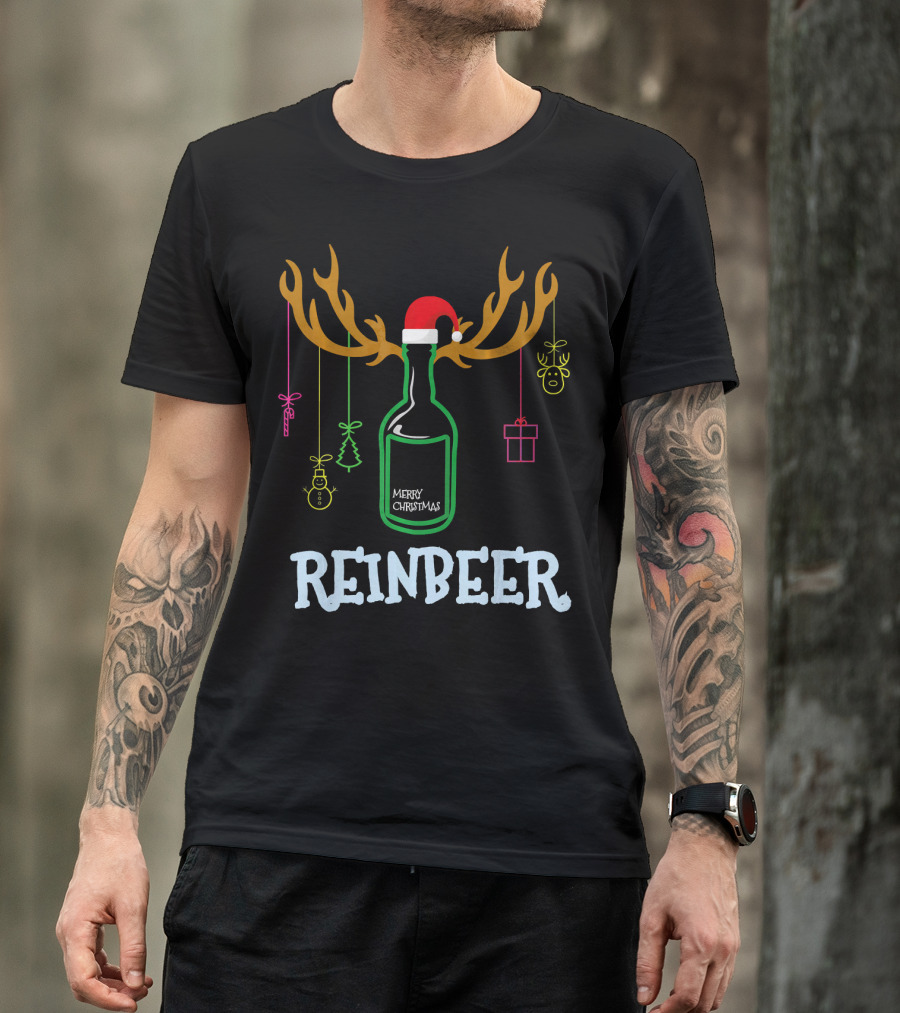 Reinbeer Merry Christmas Antler Bottle With Santa Hat And Hanging Decorations T-Shirt