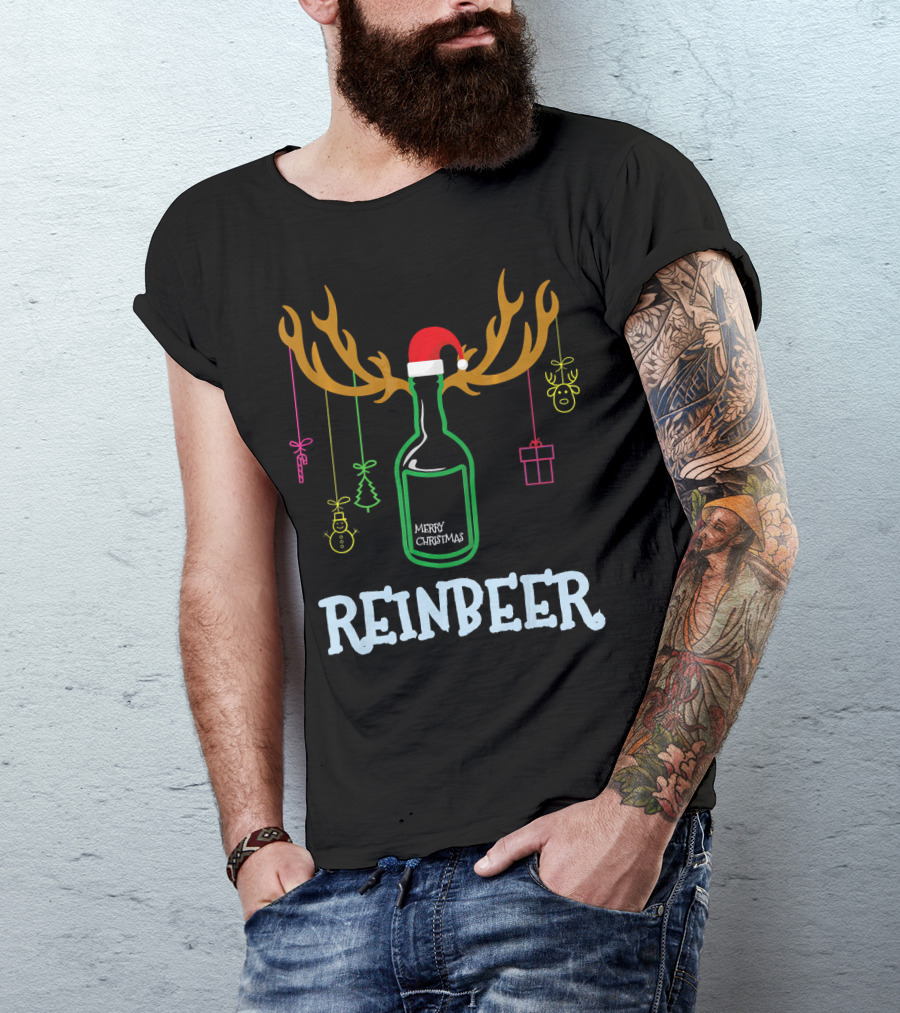Reinbeer Merry Christmas Antler Bottle With Santa Hat And Hanging Decorations T-Shirt