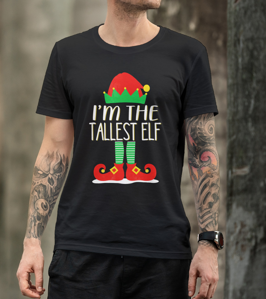 I'm The Tallest Elf Red Green Hat Striped Socks Matching Family Christmas T-Shirt