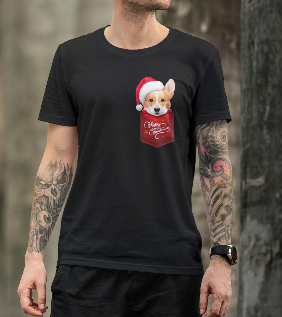 Merry Christmas Welsh Corgi In Santa Hat Pocket T-Shirt