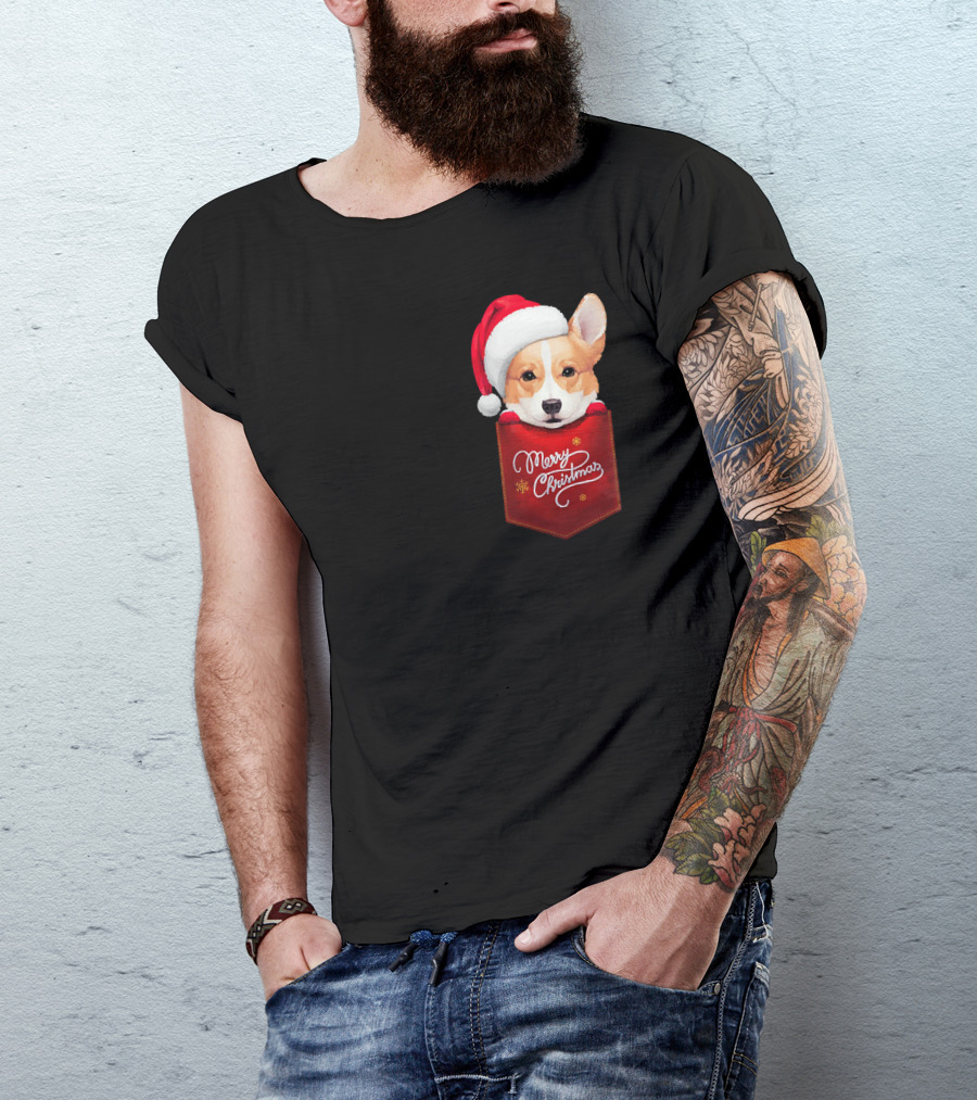 Merry Christmas Welsh Corgi In Santa Hat Pocket T-Shirt