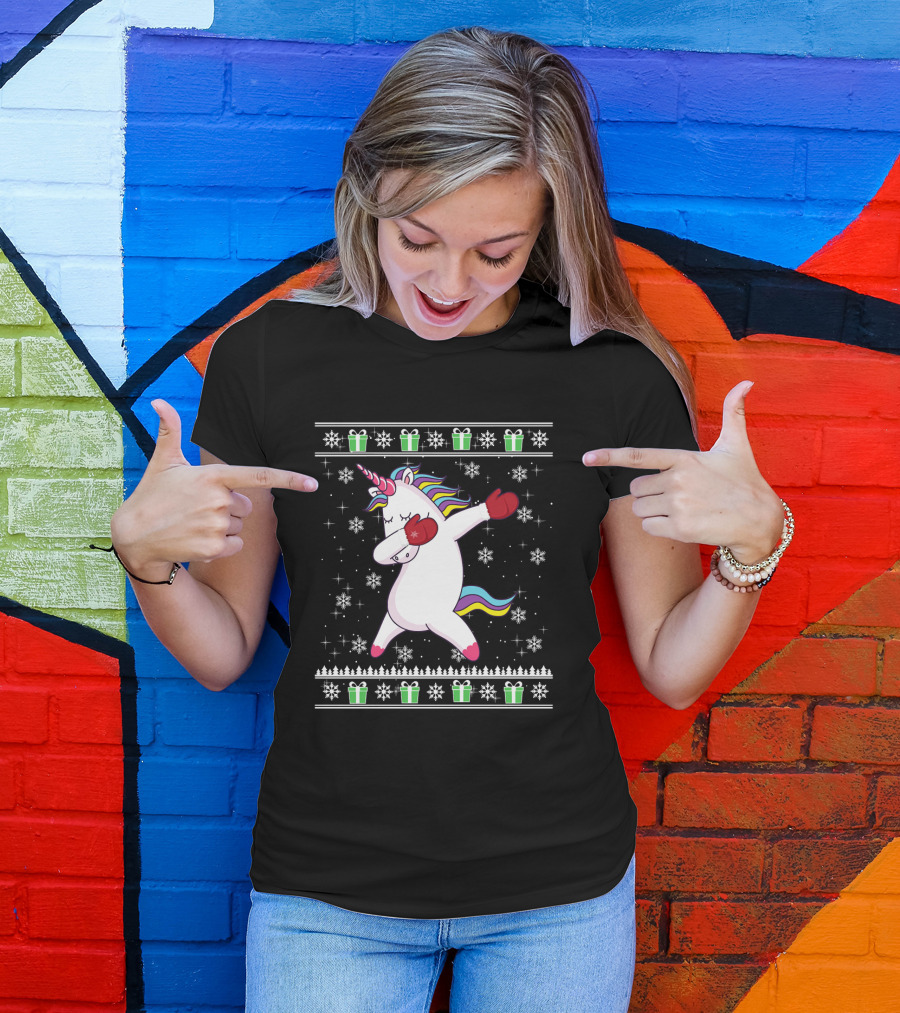 Dabbing Christmas Unicorn With Boxing Gloves Snowflakes And Gifts T-Shirt