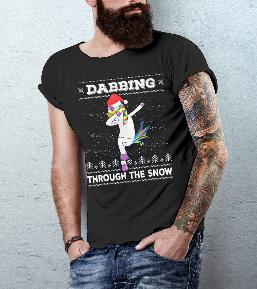 Dabbing Unicorn Through The Snow Santa Hat Christmas T-Shirt