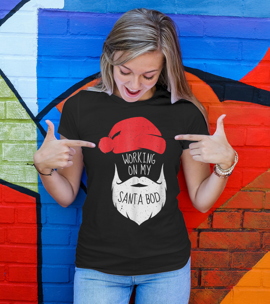 Mens Working On My Santa Bod Beard Santa Hat T-Shirt