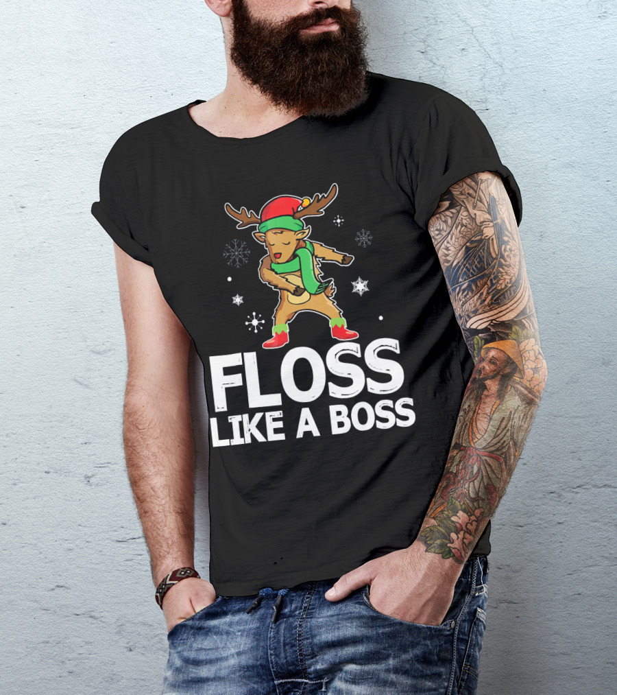 Reindeer ELF Costume Floss Like A Boss Snowflakes Christmas Dance T-Shirt