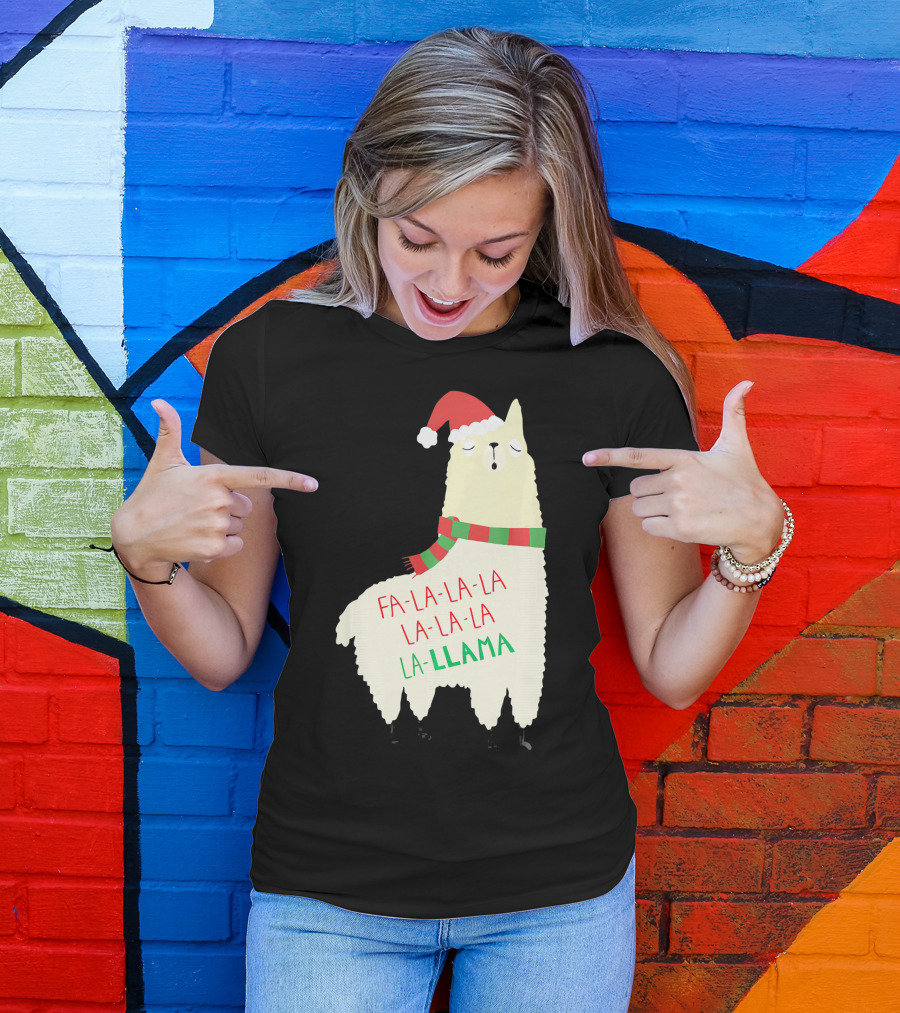 Fa La La La Llama Holiday Llama In Santa Hat And Scarf T-Shirt