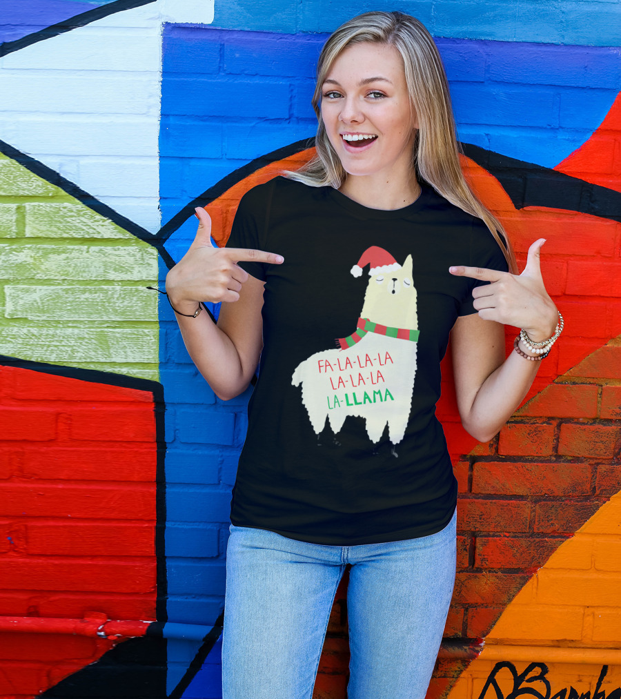 Fa La La La Llama Holiday Llama In Santa Hat And Scarf T-Shirt