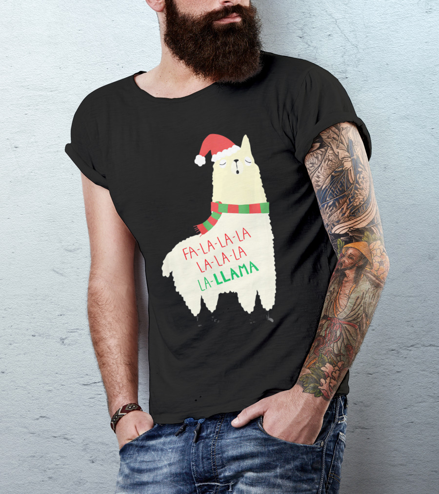 Fa La La La Llama Holiday Llama In Santa Hat And Scarf T-Shirt