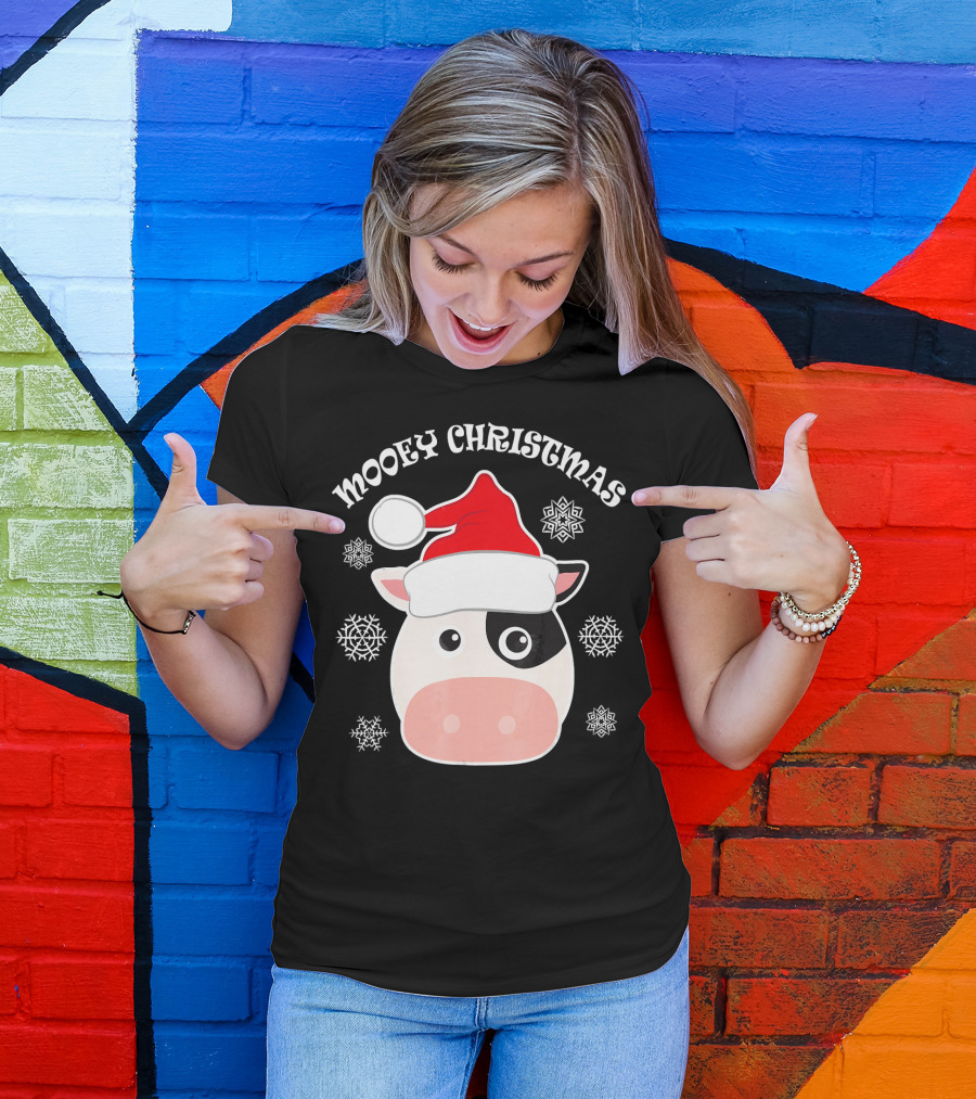 Mooey Christmas Cow Santa Hat Snowflakes T-Shirt