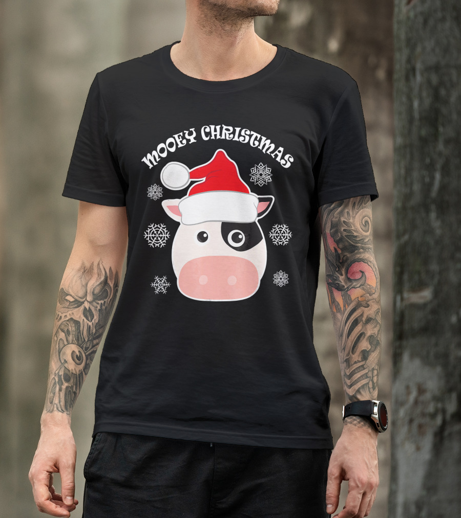 Mooey Christmas Cow Santa Hat Snowflakes T-Shirt