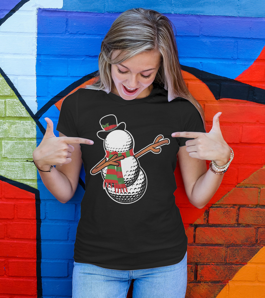 Dabbing Golf Snowman Christmas Hat And Scarf T-Shirt